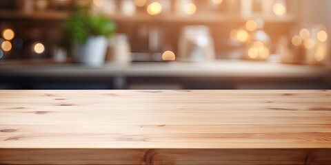 Light-colored wooden table with blurred kitchen counter background