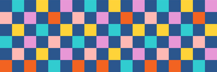 Groovy checkered seamless pattern, vintage aesthetic background, psychedelic checkerboard texture. Funky hippie fashion textile print, retro background with distorted grid tile vector pattern set