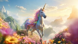 Fototapeta Dziecięca - Pink unicorn in idyllic landscape, kid's dream