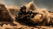 Soldier Fighting On Battlefield, Firing From Assault Rifle