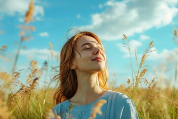 Wall Mural - Young woman enjoying summer day against sky. Freedom of zen