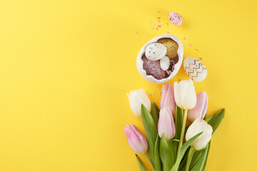 Wall Mural - Blossoming joy: Easter celebrations in full bloom. Top view composition of egg-shaped saucer, eggs, tulips, sugar sprinkles on yellow background with advert space