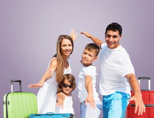 Wall Mural - Traveler parents with child hold bags