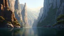 A Secluded Inlet Surrounded By Towering Cliffs, Where The Sea Meets The Mountains In A Peaceful And Untouched Corner Of The Natural World  -Generative Ai