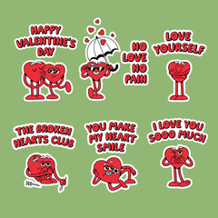 Poster - Hearts Characters in Cartoon Retro Style. Comic Vector Illustration. Cute Love Groovy Fun Stickers for Valentine's Day
