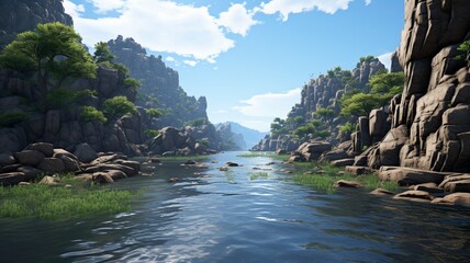 Wall Mural - A serene mountain lake surrounded by rocky cliffs, with the sun casting reflections on the calm water surface   -Generative Ai