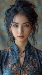 Wall Mural - Chinese woman portrait, black hair. gentle smile. elegant