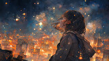Fototapeta  - 街の中で夜空を見上げる女性のイラスト