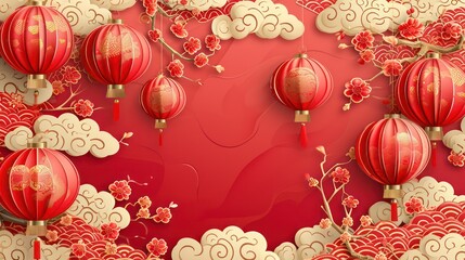 Wall Mural - Happy Chinese new year background . Year of the dragon design wallpaper with Chinese pattern, gold hanging lantern. Modern luxury oriental illustration for cover, banner, website, decor.