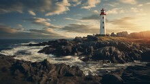 A Solitary Lighthouse Standing Tall Against A Backdrop Of Rolling Waves And Dramatic Clouds -Generative Ai