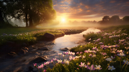 Wall Mural - spring meadow in the morning at sunrise