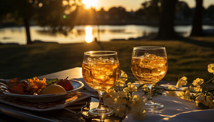 Canvas Print - Romantic sunset, wineglass on table, nature celebration of love generated by AI