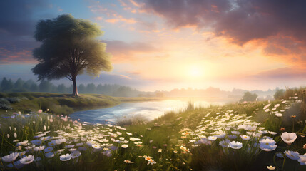 Wall Mural - spring meadow in the morning at sunrise