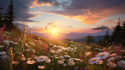 Wall Mural - spring meadow in the morning at sunrise