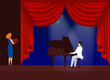 Piano man, stage theater professional, player performance, musician play, sound classic, design, cartoon style vector illustration. Character art, concert entertainment productivity work.