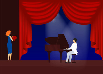 Piano man, stage theater professional, player performance, musician play, sound classic, design, cartoon style vector illustration. Character art, concert entertainment productivity work.