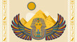 Wing egypt banner, art symbol, decorative ornament, ancient culture, egyptian pattern, design, cartoon style vector illustration. Ethnic background, africa peremida, pharaoh history, tourism concept.