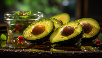 Poster - Fresh avocado slice on wooden table, a healthy gourmet snack generated by AI