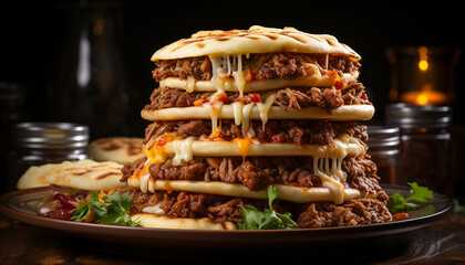 Wall Mural - Grilled beef, homemade sauce, fresh vegetables on rustic plate generated by AI