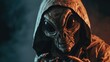 A hooded alien figure with glowing eyes