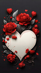 Wall Mural - Big white heart with red roses, black backgorund, valentine's day, ai generated