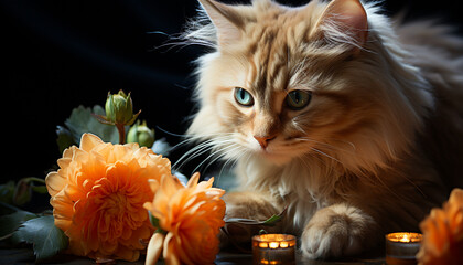 Wall Mural - Cute kitten sitting outdoors, staring at camera, surrounded by nature generated by AI