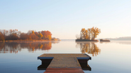 Wall Mural - Dock overlooking a calm overcast lake background. Dock overlooking a calm overcast lake landscapes. Hdr landscape view. Old dock with sunset, candles, lamb, lake, sun and forest. high quality photos.