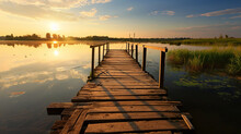 Dock Overlooking A Calm Overcast Lake Background. Dock Overlooking A Calm Overcast Lake Landscapes. Hdr Landscape View. Old Dock With Sunset, Candles, Lamb, Lake, Sun And Forest. High Quality Photos.
