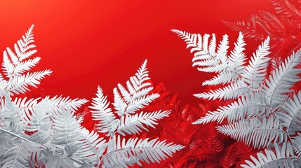 Poster - Red abstract background or screensaver in the form of white ferns. AI generative.