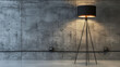 black designer floor lamp in an empty room against raw, concrete wall, copy space