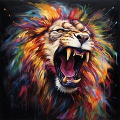  Colourful lion animal roaring painting image Generative AI