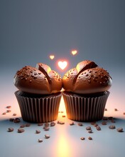 Two Cupcakes Are Placed Side By Side In The Center On A Gradient Background. Between These Cupcakes There Are Small Hearts That Glow With Yellow And Red Shades.