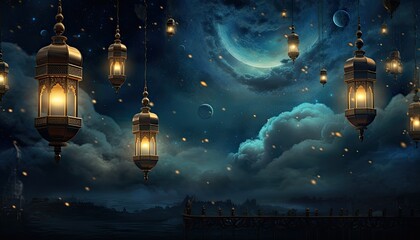 Poster - Ramadan lanterns against the night sky, in the style of detailed background elements, light gold and azure