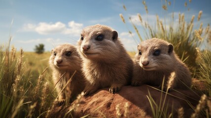 Wall Mural - Adorable Prairie Dogs Poking Their Heads Above Ground in a Picturesque Grassland Landscape - AI-Generative