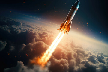 Wall Mural - a shot of a rocket launching into space, with a bright trail of fire and smoke in its wake