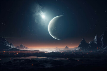 Wall Mural - a shot of a distant planet, with its rings and moons illuminated by a distant star