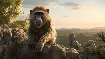 Wall Mural - Graceful White Baboon Posing Majestically in Pristine Surroundings - AI-Generative