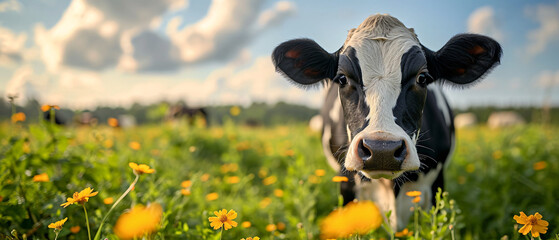 Sticker - Cow in a meadow. Livestock animal, organic milk and green grass. Space for text.