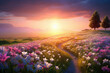 A field of spring flowers in full bloom, with a path leading off into the distance and the sun setting in the background