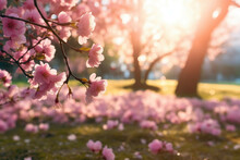 A Wide Angle Shot Of A Field Of Pink Cherry Blossoms Swaying In The Wind, The Sun Shining Through The Petals Creating A Beautiful Contrast Between The Pink And The Green Grass