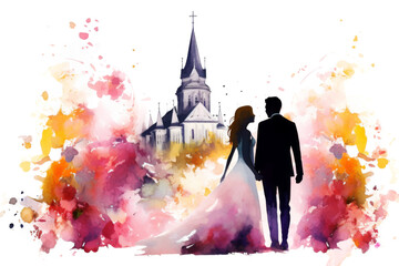 Wall Mural - Watercolor Catholic Church with Groom and Bride Isolated on White, Wedding Background