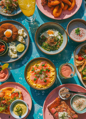 Overhead image of a table full of food. Summer concept. Top down shot of plates of food and cocktails.