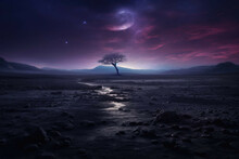 A Vast, Alien Landscape, The Sky A Deep Purple, The Ground Is A Mix Of Rocky Mountains, Deserts And Plains, A Single Tree Stands In The Middle Of The Landscape
