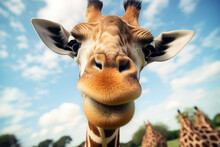 A Close Up Of A Giraffe's Face, With Its Long Tongue Sticking Out And Its Eyes Looking Directly At The Camera