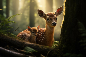 Wall Mural - A baby deer snuggling up against its mother in a forest