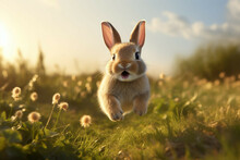 A Baby Rabbit Hopping Across A Meadow, Its Nose Twitching And Its Ears Perked Up
