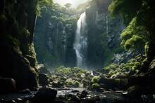 A Majestic Waterfall Cascading Down A Rocky Cliff, Surrounded By Lush Green Vegetation