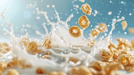 Sticker - Cereals, granola or muesli breakfast with milk splashes. Breakfast food background