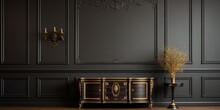 Antique wooden cabinet and a classy golden frame on a dark wall with molding in a luxurious living room