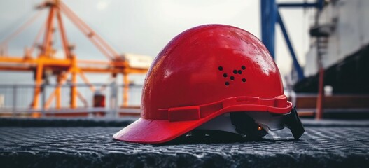 Safety gear - red hard hat on a construction site.